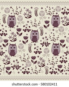 Cute colorful floral seamless pattern with owls. Design for bed linen, blankets, wrapping paper, and other. Vector illustration
