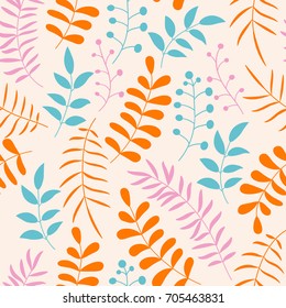 Cute colorful floral seamless pattern with branches and leaves. Doodle forest background. Vector illustration.