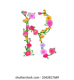 Cute Colorful Floral Vector Alphabet - Letter R Isolated on White Background for Postcard, Stationeries, Logo, Web and Decoration. Elegant Floral Monogram R Logo Design