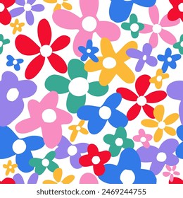 Lindo colorido patrón de flores sin fisuras. Fondo floral del doodle del estilo de los niños con Formas divertidas de la naturaleza. Diseño de textura de arte infantil