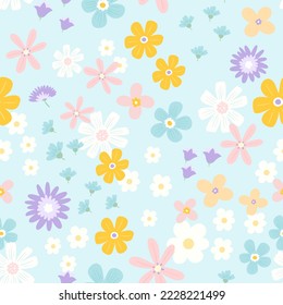 cute colorful flowers in blue background. perfect for fabric pattern, woman wear or baby wear.