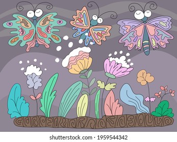 Cute colorful flowers and butterflies vector illustration.Doodle style design for background, digital print, clip art, wallpaper, illustration for kids, patterns, sticker