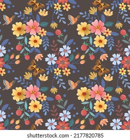 Cute colorful flowers with butterfly on brown color background seamless pattern.