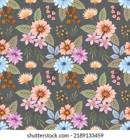 Cute colorful flowers with butterfly on brown color background seamless pattern.