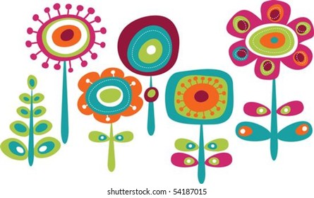 Cute colorful flowers, childish vector illustration