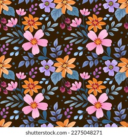 Cute colorful flowers and leaf on dark brown color background seamless pattern. Can be used for fabric textile wallpaper.