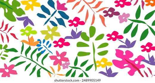 
Cute colorful flowers and leaves illustration. Children's style hand-painted flowers and leaves background, cute flowers and leaves pattern wallpaper.