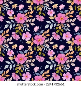 Cute colorful flowers on blue color seamless pattern. Can be used for fabric textile wallpaper.