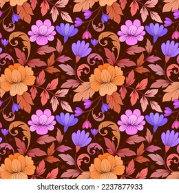Cute colorful flowers on brown color background seamless pattern. This pattern can beused fro fabriv textile wallpaper.