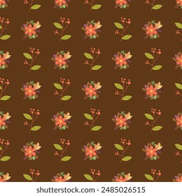 Cute colorful flowers on brown color background seamless pattern