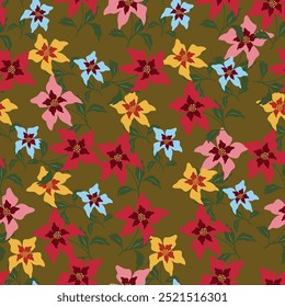 Cute colorful flowers on brown color background seamless pattern. This pattern can beused fro fabriv textile wallpaper.