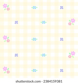 flores adorables coloridas fondo pastel fondo gingham fondo vectorial caricatura de dibujos animados mantel de picnic envoltorio papel de tela textil bufanda