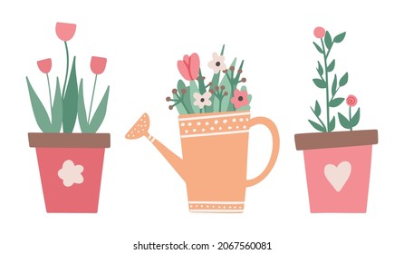 Cute colorful flowers in pots. Nature cartoon vector illustration of flowers and leaves beautiful collection. Blossom plant, botanical flowerpot.