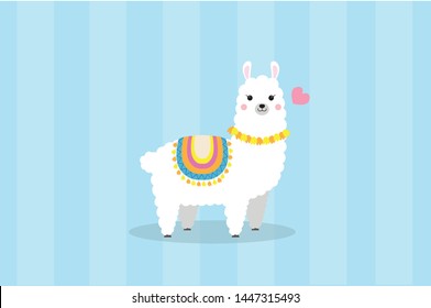 Cute colorful fluffy alpaca with saddle 