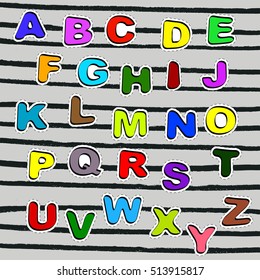 Cute colorful font Funny ABC. Modern set of pop art sticker, patche, pin, badge in 80s-90s cartoon style. Bright Alphabet. Flat design. Vector illustration. 