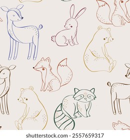 Cute colorful forest animals rabbit, deer, raccoon, bear seamless print pattern graphic tee design for kids market as vector 
