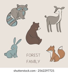 Cute colorful, forest family, forest animals rabbit, deer, raccoon, bear seamless print pattern graphic tee design for kids market as vector 
