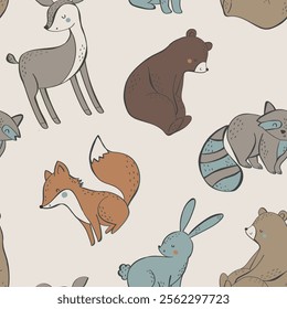 Cute colorful, forest family, forest animals rabbit, deer, raccoon, bear seamless print pattern graphic tee design for kids market as vector 
