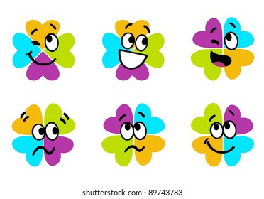 Cute colorful four leaf clover collection isolated on white