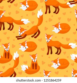Cute and colorful fox pattern on orange background vector illustration flat desing