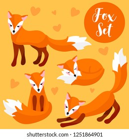 Cute and colorful fox set on orange background vector illustration flat desing