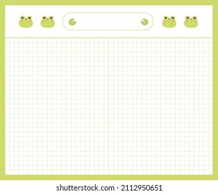 Cute and colorful frog icon and memo pad illustration set. grid style, memo template, text box, manuscript paper frame background. Vector drawing. Hand drawn style.