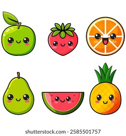 Cute and colorful fruit characters with adorable faces. Perfect for kids' designs, stickers, packaging, and educational materials. Includes smiling apples, oranges, and more in high-quality vector.