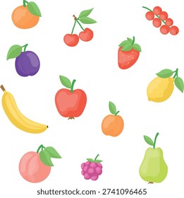Cute colorful fruit vector set isolated on white background. Collection of fresh summer fruits including apple, banana, lemon, pear, peach, plum, strawberry, cherry, raspberry, orange and red currant. Flat cartoon style clipart perfect for kids design, packaging, stickers, greeting cards, posters, textile prints, menu, healthy food concepts and digital scrapbooking.