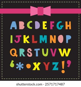 Cute colorful funky kids cartoon silhouette and isolated hand drawn capital alphabet letters set design element on black background, dashed border and a pink ribbon bow tie