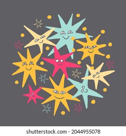 Cute colorful funny cartoon stars               with faces.  Vector illustration.