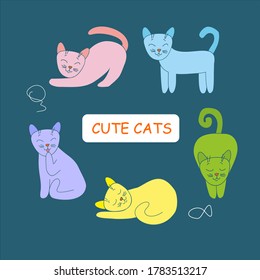 Cute colorful funny cats at dark background, illustration, vector