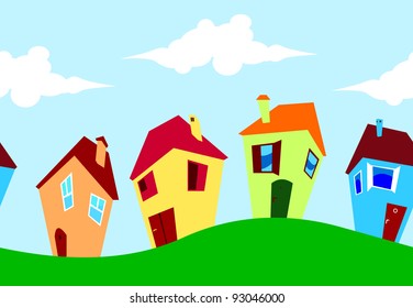 Cute colorful funny houses in street. Seamless horizontal.