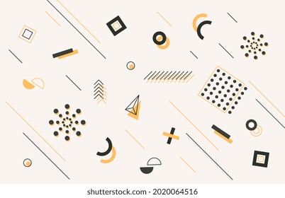 Cute colorful geometric elements on light background. Minimal cover template design. Concept of modern abstract background with geometric shapes and lines. Flat cartoon vector illustration