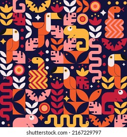 Cute colorful geometric plants and animals seamless pattern. Funny jungle flora and fauna print. Bright and Joyful vector print with snakes, chameleon, toucan bird, leaves and flowers from rainforest