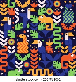 Cute colorful geometric plants and animals seamless pattern. Funny jungle flora and fauna print. Bright and Joyful vector print with snakes, chameleon, toucan bird, leaves and flowers from rainforest