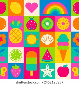 Cute colorful geometric summer holidays elements grid styled pattern background.