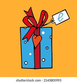 Cute colorful gift box with bow, heart-shaped pendant and label. The concept of love. Valentine's Day. A hand-drawn gift box with a love message. Isolated vector illustration in the style of doodles.