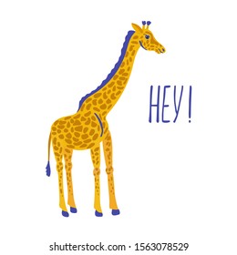 A cute colorful giraffe says hey. Great for t-shirts, posters, cards. Hand drawn vector illustration isolated on white background.