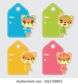 Cute Colorful Girl Fox Vector Cartoon Illustration For Birthday Gift Tags Design, Postcard And Sticker Set