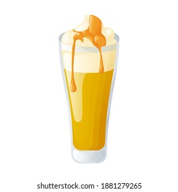 Cute colorful glass with butter beer. Delicious foam and topping. Isolated object in the white background. Flat style illustration.