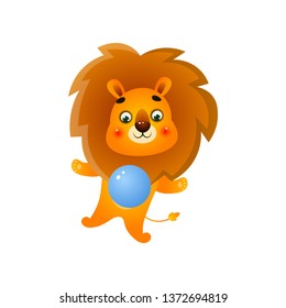 Cute colorful gold lion playing with blue rubber ball