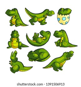 Cute colorful green dino character in different poses