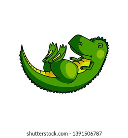 Cute colorful green dino stay on his back with closed eyes