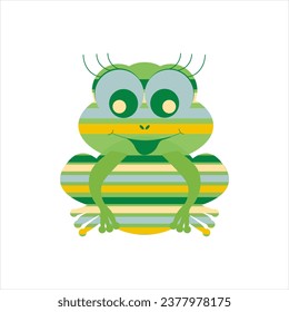 Cute colorful green smiling striped frog. One from the collection for kids. Vector illustration	