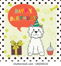 Cute colorful greeting or invitation card with cartoon dog and speech bubble. West highland terrier. Vector illustration.