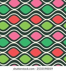 Cute colorful groovy retro abstract geometric shapes wavy pattern