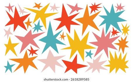 Cute colorful groovy star poster or collection of design elements. Set of sparkle shapes. 