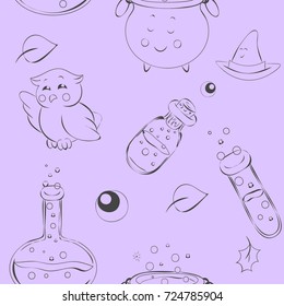 Cute colorful halloween doodle pattern with witch objects