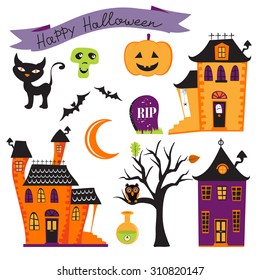 Cute colorful halloween elements collection. Vector illustration