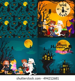 Cute colorful Halloween kids in costume for party set isolated vector illustration